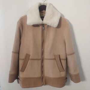 Ellie Tahari Wool BlendTan Jacket with Faux Fur Collar L